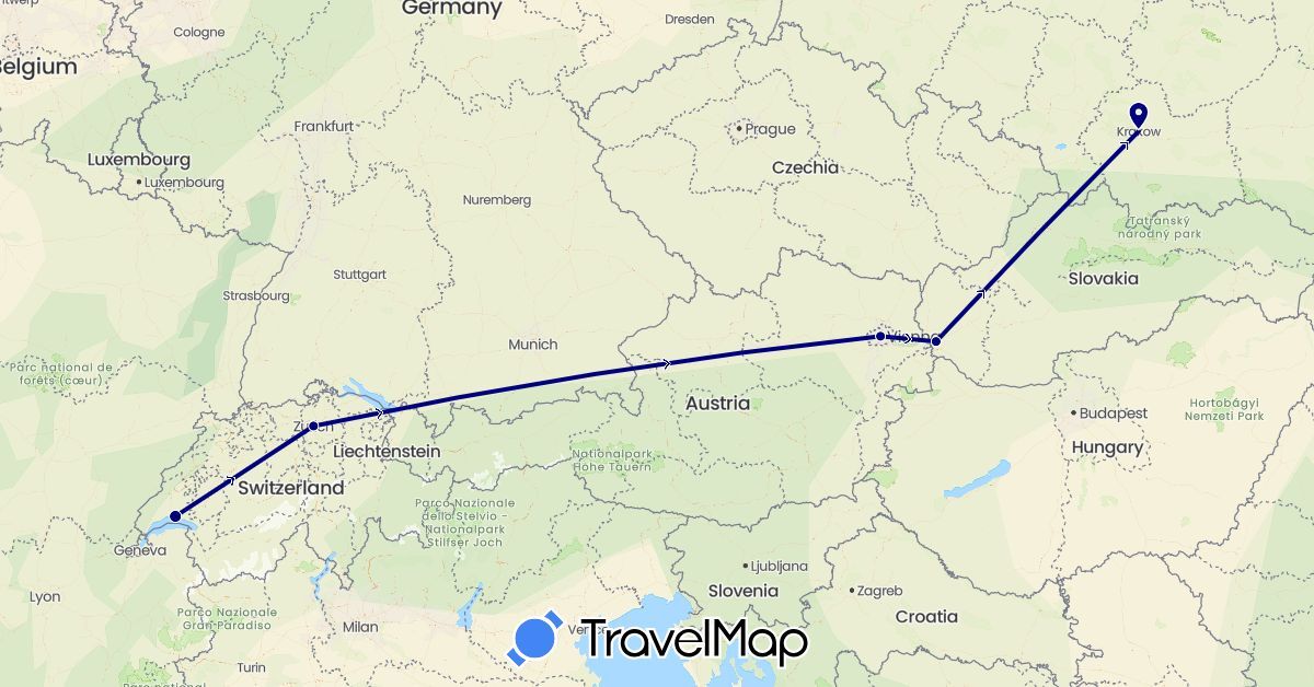 TravelMap itinerary: driving in Austria, Switzerland, Poland, Slovakia (Europe)